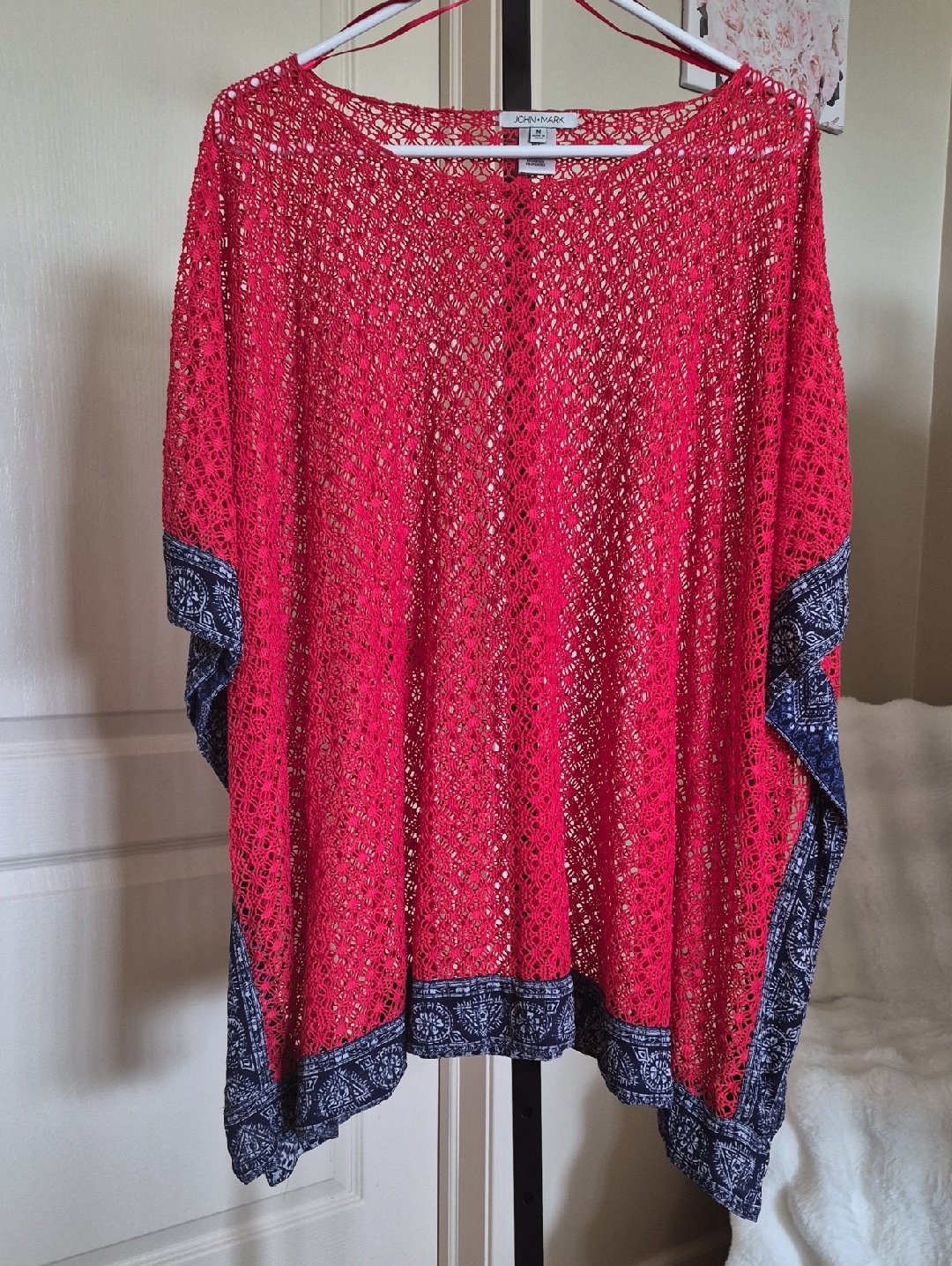 John Mark Red Crochet Poncho Swimsuit Cover-Up Tunic With Navy Border Size M